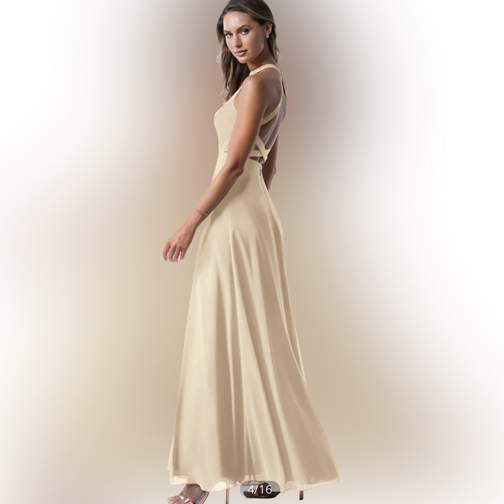 Azazie Clarice A-Line High Neck Chiffon Floor-Length Dress Champagne size 6